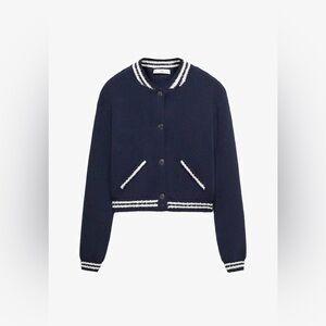 Mango Contrast Stripe Cardigan Bomber in navy and white size XS NWT